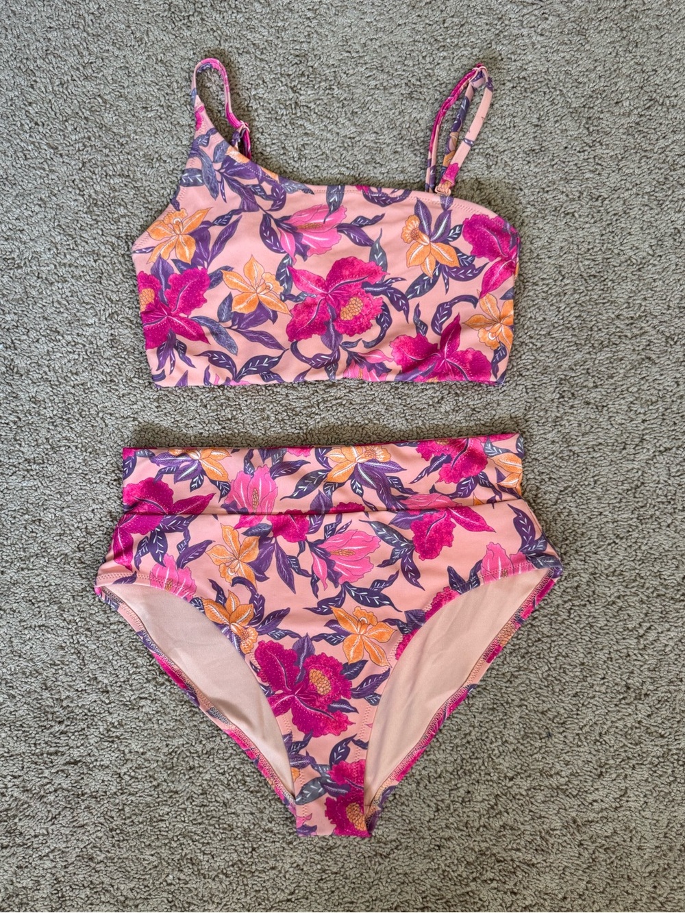 Old Navy Pink Floral High-Waist Bikini Set with Purple & Orange Blooms